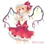  1girl ascot asymmetrical_wings blonde_hair dress fang flandre_scarlet frills hair_between_eyes hair_ribbon hands_together hat looking_at_viewer mob_cap open_mouth puffy_short_sleeves puffy_sleeves red_dress red_eyes ribbon short_sleeves side_ponytail slit_pupils smile solo tanuma_(tyny) touhou wings 