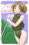  1girl absurdres bare_shoulders blush dead_people highres light_brown_hair long_hair minabe_tetsumi naked_plate_carrier original placard plate_carrier ponytail sign solo sweatdrop tears translated wavy_mouth yellow_eyes 