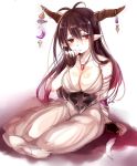  1girl bandaged_arm black_gloves black_hair breasts cleavage corset danua dress fingerless_gloves gloves granblue_fantasy horn_ornament horns jewelry large_breasts long_hair necklace paragasu_(parags112) pendant pointy_ears red_eyes sitting solo very_long_hair white_dress 