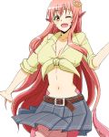  1girl :d breasts cleavage cowboy_shot fang hair_ornament hairclip lamia midriff miia_(monster_musume) monster_girl monster_musume_no_iru_nichijou navel one_eye_closed open_mouth pointy_ears redhead scales shirt simple_background skirt slit_pupils smile solo tied_shirt white_background ya2268 yellow_eyes 
