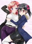  2girls :o ass black_hair blush bow breasts coat flo hair_bow hand_on_own_head hug looking_at_viewer love_live!_school_idol_project lying multiple_girls nishikino_maki on_back red_eyes redhead short_hair shorts smile thigh-highs twintails violet_eyes white_legwear yazawa_nico 