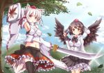  2girls animal_ears bare_shoulders black_hair black_legwear black_wings brown_hair detached_sleeves fuyuki8208 hat inubashiri_momiji leaf looking_at_viewer maple_leaf midriff multiple_girls nature navel open_mouth photo_(object) pom_pom_(clothes) red_eyes shameimaru_aya shield short_hair silver_hair skirt smile sword tail thigh-highs tokin_hat touhou tree weapon wide_sleeves wings wolf_ears wolf_tail 