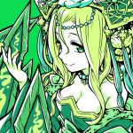  1girl bare_shoulders blonde_hair breasts chinese_clothes circlet cleavage dress green green_background green_eyes hair_between_eyes headdress highres ishiyumi long_hair looking_at_viewer meimei_(p&amp;d) off_shoulder puzzle_&amp;_dragons simple_background smile solo tassel 