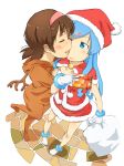  2girls absurdres animal_costume antlers blue_eyes blue_hair blush brown_hair christmas closed_eyes dress ei_(ss4) gloves hairband hat highres ikamusume long_hair multiple_girls nagatsuki_sanae open_mouth reindeer_costume sack santa_costume santa_hat shinryaku!_ikamusume short_hair smile tentacle_hair tentacles yuri 