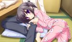  1boy 1girl :o black_hair black_pants blue_eyes blush box cat_print character_request collared_shirt frills gotou_nao head_out_of_frame indoors itou_mikoto koiiro_soramoyou leg_hug legs long_sleeves lying on_lap on_side pajamas pants parted_lips pillow pink_clothes shirt short_hair sleeves_folded_up solo_focus table 