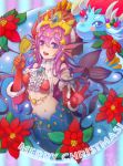  1girl against_glass antlers bell blush_stickers brooch christmas claws dated detached_sleeves dragon flower gloves hair_ornament hat head_fins highres jewelry long_hair mermaid merry_christmas monster_girl mst1ng_(mauralau) navel open_mouth purple_hair puzzle_&amp;_dragons red_gloves santa_hat siren_(p&amp;d) snow_globe snow_globe_dragon_bleu star_hair_ornament sun_(symbol) tiara violet_eyes 