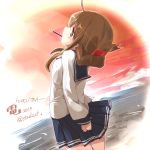  1girl arms_behind_back blush brown_eyes brown_hair character_name commentary_request folded_ponytail from_behind hair_ornament inazuma_(kantai_collection) kantai_collection long_hair looking_at_viewer looking_back maszom ocean pocky school_uniform serafuku skirt solo sunset twitter_username 