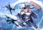  1girl airplane blonde_hair blue_eyes capelet gloves graf_zeppelin_(kantai_collection) hat kantai_collection long_hair mystic-san peaked_cap skirt solo twintails uniform 