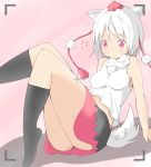  1girl animal_ears black_legwear breasts detached_sleeves hat inubashiri_momiji midriff pink_background pom_pom_(clothes) red_eyes short_hair silver_hair simple_background skirt smile solo sweatdrop tail thigh-highs tokin_hat touhou wolf_ears wolf_tail 