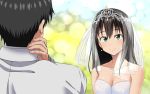  1boy 1girl black_hair breasts cleavage dress flo green_eyes idolmaster idolmaster_cinderella_girls jewelry long_hair looking_at_another necklace producer_(idolmaster_cinderella_girls_anime) shibuya_rin smile strapless_dress veil wedding_dress 