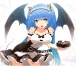  1girl apron ariinine blue_eyes blue_hair blush breasts butterfly cake cleavage female food headdress heart highres long_hair maid original ribbon solo sword tail weapon wings 