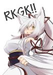  1girl animal_ears bare_shoulders blush breasts collar detached_sleeves fox_ears fox_tail hair_tie highres japanese_clothes large_breasts long_hair looking_at_viewer original ponytail sakura_inu simple_background solo tail white_background white_hair yellow_eyes 
