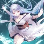  1girl ayakashi_hyakkiyakou breasts cleavage collarbone eyelashes fan fingernails folding_fan highres japanese_clothes karita_(kali_lgk) kimono long_fingernails no_bra off_shoulder original outstretched_arms pointy_ears red_eyes solo white_hair yuki_onna 