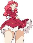  1girl akagi_towa ass_visible_through_thighs blush crossed_arms drill_hair go!_princess_precure looking_down precure puffy_sleeves red_eyes redhead simple_background skirt smile solo umanosuke white_background 