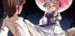  1boy 1girl breasts clenched_hand commentary_request dress girl_on_top hammer_(sunset_beach) hat long_hair mob_cap moon puffy_sleeves red_moon sketch touhou tree violet_eyes yakumo_yukari 