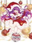  1girl blush boots breasts christmas_ornaments gloves green_eyes hat joypyonn league_of_legends long_hair looking_at_viewer lulu_(league_of_legends) merry_christmas purple_hair red_gloves santa_boots santa_costume santa_hat solo star string 