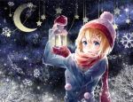  1girl alternate_costume bangs bare_tree beanie blonde_hair blue_eyes blush buttons coat crescent glowing hair_between_eyes hair_ornament hairclip hat kagamine_rin lamp long_sleeves mittens night night_sky outdoors pom_pom_(clothes) red_scarf scarf short_hair sky smile snowflakes snowing solo star teka tree vocaloid 