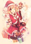  1girl ;d alternate_costume ball bangs beige_background belt black_gloves blonde_hair blush boots bowtie box character_request christmas confetti djeeta_(granblue_fantasy) dress flower frills fur_trim gift gift_box gloves granblue_fantasy hair_flower hair_ornament hat holding_staff kirero knee_boots kneeling lace merry_christmas navel navel_cutout one_eye_closed open_mouth red_boots red_dress red_eyes red_flower red_hat ribbon santa_costume santa_hat scarf short_hair smile smoke sparkle star striped striped_bowtie striped_ribbon thigh-highs 