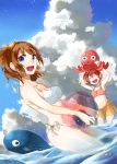  2girls ball beachball bikini blue_eyes breasts brown_hair closed_eyes hoshizora_rin kousaka_honoka large_breasts love_live!_school_idol_project monmon511401 multiple_girls octopus open_mouth redhead sarong short_hair side_ponytail swimsuit 