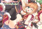  1girl ameto_yuki aqua_eyes ass bangs black_gloves breasts cape christmas clarisse_(granblue_fantasy) cleavage full_body gloves granblue_fantasy hat light_brown_hair looking_at_viewer midriff one_eye_closed red_clothes santa_hat solo swept_bangs wavy_hair 