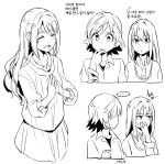  akni blush honda_mio idolmaster idolmaster_cinderella_girls long_hair monochrome shibuya_rin shimamura_uzuki short_hair smile translated 