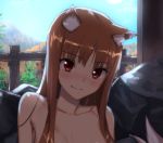  1girl animal_ears blush breasts brown_hair collarbone fang highres holo kawakami_rokkaku long_hair looking_at_viewer nude onsen red_eyes smile solo spice_and_wolf tail wolf_ears wolf_tail 