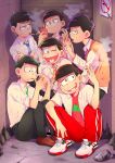 6+boys alley black_hair brothers cellphone cigarette crossed_arms heart heart_in_mouth lighter looking_at_viewer male_focus matsuno_choromatsu matsuno_ichimatsu matsuno_juushimatsu matsuno_karamatsu matsuno_osomatsu matsuno_todomatsu messy_hair multiple_boys necktie o2_(o2mm) one_eye_closed osomatsu-kun osomatsu-san pants phone poster school_uniform sextuplets shoes siblings sitting sleeves_past_wrists smartphone smoking sneakers squatting striped striped_necktie sweater_vest track_pants younger 