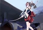  1girl airplane blockhead_bh bow_(weapon) brown_eyes brown_hair hachimaki headband japanese_clothes kantai_collection long_hair looking_back ponytail scarf solo weapon zuihou_(kantai_collection) 