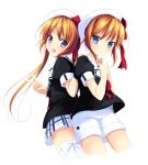  2girls :d back-to-back bangs beret black_serafuku blue_eyes blush bow character_request hand_on_another&#039;s_shoulder hands_on_own_chest hands_together happy hat hat_bow key_(company) long_hair looking_at_viewer looking_back multiple_girls mycstea open_mouth orange_hair plaid plaid_skirt pleated_skirt puffy_short_sleeves puffy_sleeves red_bow red_ribbon ribbon school_uniform serafuku short_hair short_shorts short_sleeves shorts shy side_ponytail simple_background skirt smile thigh-highs v violet_eyes white_background white_hat white_legwear zettai_ryouiki 