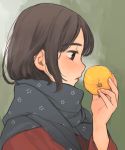  1girl akai_sashimi black_eyes black_hair food fruit holding holding_fruit long_hair original profile scarf solo upper_body yuzu 