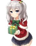  1girl blue_eyes box caplet christmas don_(29219) fur_trim gift gift_box grey_eyes grey_skirt hat kantai_collection kashima_(kantai_collection) looking_at_viewer pleated_skirt santa_costume santa_hat silver_hair simple_background skirt smile solo sweater twintails wavy_hair white_background 