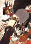  1girl animal_ears ass boots brown_eyes brown_hair from_below gloves hat katou_itsuwa leggings long_hair looking_at_viewer looking_down necktie original solo sword tail thigh_strap weapon white_gloves 