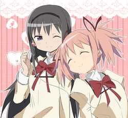  2girls ^_^ akemi_homura black_hair blush bow closed_eyes earphones earphones hair_bow hibiglasses kaname_madoka long_hair long_sleeves mahou_shoujo_madoka_magica multiple_girls one_eye_closed pink_background pink_hair puffy_long_sleeves puffy_sleeves red_bow ribbon school_uniform shared_earphones sidelocks smile twintails upper_body vertical-striped_background vertical_stripes 