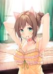  1girl adjusting_hair animal_ears bed blush breasts brown_hair cat_ears fang fang_out frills green_eyes hasumi_(hasubatake39) highres idolmaster idolmaster_cinderella_girls looking_at_viewer maekawa_miku mouth_hold short_hair smile solo tying_hair 