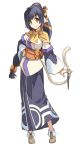  1girl animal_ears brown_eyes capelet dagger darkers hand_on_hip highres japanese_clothes kuon_(utawareru_mono) long_hair looking_at_viewer low-tied_long_hair obi purple_hair sash smile tail tied_hair utawareru_mono utawareru_mono:_itsuwari_no_kamen very_long_hair weapon 