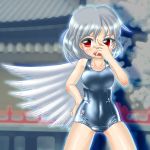  1girl blush grey_hair hand_on_own_face kishin_sagume red_eyes school_swimsuit shiny shiny_clothes shiny_skin simple_background single_wing skindentation smile solo swimsuit touhou wings winn 