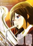  1girl absurdres august blue_eyes blush brown_hair calendar character_name close-up copyright_name curtains euphonium face glasses glint hibike!_euphonium highres indoors instrument july long_hair over-rim_glasses playing_instrument red-framed_glasses semi-rimless_glasses solo stage tanaka_asuka upper_body 