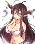  1girl bandaged_arm bikini black_hair blush breasts cleavage danua finger_to_mouth granblue_fantasy horn_ornament horns jewelry large_breasts long_hair necklace paragasu_(parags112) pendant pointy_ears red_eyes solo swimsuit very_long_hair white_bikini white_swimsuit 