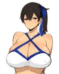  1girl black_eyes black_hair blush breasts cleavage covered_nipples huge_breasts kaga_(kantai_collection) kantai_collection looking_at_viewer poin_(hidsuki) side_ponytail solo sweatdrop white_background 