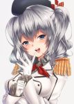  1girl beret blue_eyes blush breasts epaulettes gloves hat kantai_collection kashima_(kantai_collection) keita_(tundereyuina) large_breasts long_hair looking_at_viewer military military_uniform open_mouth sidelocks silver_hair smile solo twintails uniform wavy_hair white_gloves 