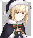  1girl annoyed black_hat blonde_hair fate_(series) hat long_hair ribbon saber saber_alter santa_costume santa_hat simple_background yellow_eyes zeroasann 