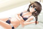  1girl adapted_costume ahoge bikini black_hair blue_eyes blush braid breasts hair_flaps hair_ornament hair_ribbon kantai_collection kotanuki_329 long_hair remodel_(kantai_collection) ribbon shigure_(kantai_collection) single_braid smile swimsuit 