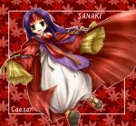  1girl :d bare_shoulders blush_stickers cape character_name detached_sleeves fire_emblem fire_emblem:_akatsuki_no_megami fire_emblem:_souen_no_kiseki floral_background headband long_hair long_sleeves open_mouth purple_hair robe sanaki_kirsch_altina smile solo tenmaru yellow_eyes 