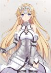  1girl armor armored_dress blonde_hair blush breasts chain cleavage fate/grand_order fate_(series) faulds gauntlets headpiece kauru00 large_breasts long_hair petals pole ruler_(fate/apocrypha) solo thigh-highs very_long_hair violet_eyes 