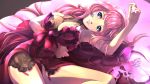  armpits bed bed_sheet blue_eyes breasts dress earrings groin jewelry large_breasts lipstick long_hair looking_to_the_side lying makeup mask pakupaku_choppu pink_hair see-through 