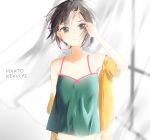  1girl bare_arms bare_shoulders black_hair blush breasts brown_eyes camisole character_name cleavage curtains earrings heart heart_earrings hotdogdriver idolmaster jacket jewelry kikuchi_makoto short_hair solo spaghetti_strap upper_body wind window 