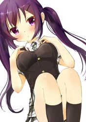  1girl black_legwear blush cowboy_shot gochuumon_wa_usagi_desu_ka? hands_on_own_chest kneehighs long_hair looking_at_viewer necktie pleated_skirt purple_hair short_sleeves sidelocks simple_background sitting skirt solo tedeza_rize tsubaki_(tatajd) twintails violet_eyes white_background 