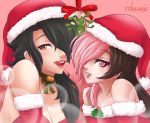  2girls artist_name christmas cinder_fall cslucaris hat lips mistletoe multiple_girls neo_(rwby) rwby santa_costume santa_hat 