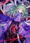  alternate_hairstyle androgynous blood blood_splatter bone detached_sleeves ex-sese green_eyes green_hair hair_ornament highres japanese_clothes kitsugai_sese len&#039;en long_hair skull_hair_ornament solo wei_li 