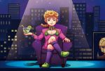  1boy backdrop blonde_hair braid chair crossed_legs drink drinking_straw full_body g3_(333413) giorno_giovanna glass gold_experience holding_cup jojo_no_kimyou_na_bouken lime male_focus shoes shorts sitting socks solo stage stage_lights yellow_eyes 